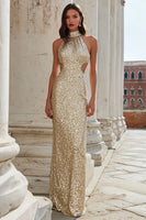 Load image into Gallery viewer, Sparkly Champagne High Neck Mermaid Cut Out Long Prom Dress