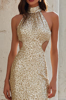 Load image into Gallery viewer, Sparkly Champagne High Neck Mermaid Cut Out Long Prom Dress