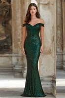 Load image into Gallery viewer, Sparkly Dark Green Mermaid Off the Shoulder Maxi Prom Dress