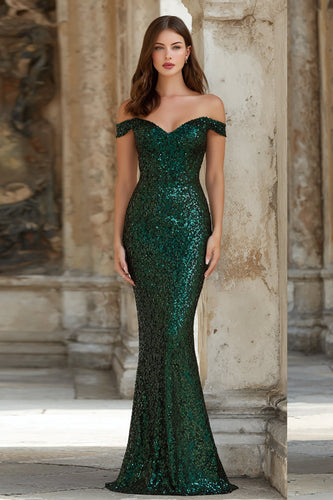 Sparkly Dark Green Mermaid Off the Shoulder Maxi Prom Dress