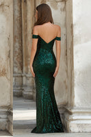 Load image into Gallery viewer, Sparkly Dark Green Mermaid Off the Shoulder Maxi Prom Dress