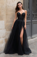Load image into Gallery viewer, Sparkly Black Spaghetti Straps A Line Maxi Prom Dress with Sequins