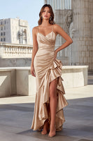 Load image into Gallery viewer, Champagne Spaghetti Straps Mermaid Ruffled Maxi Prom Dress with Slit