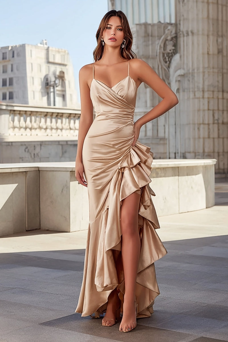 Load image into Gallery viewer, Champagne Spaghetti Straps Mermaid Ruffled Maxi Prom Dress with Slit