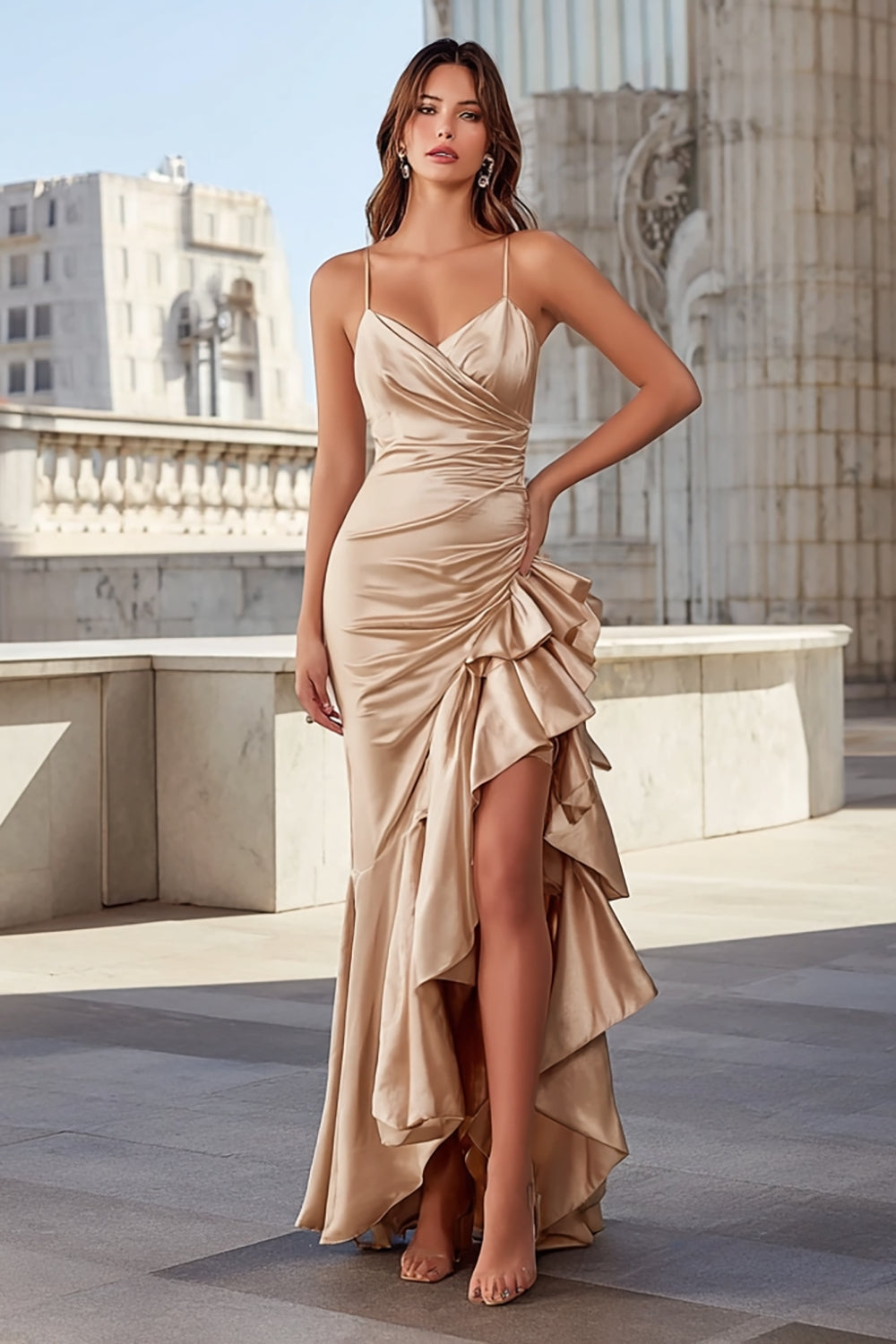 Champagne Spaghetti Straps Mermaid Ruffled Maxi Prom Dress with Slit
