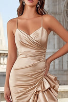 Load image into Gallery viewer, Champagne Spaghetti Straps Mermaid Ruffled Maxi Prom Dress with Slit
