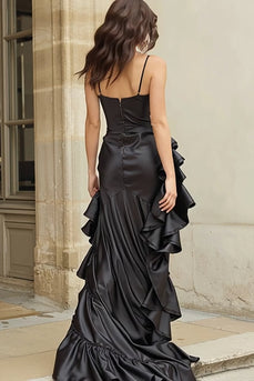 Black Spaghetti Straps Sheath High Low Ruffled Prom Dress