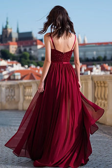 Sparkly Burgundy Spaghetti Straps Long Sequin Prom Dress