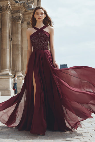 Sparkly Burgundy Long Sequin Prom Dress with Slit