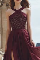 Load image into Gallery viewer, Sparkly Burgundy Long Sequin Prom Dress with Slit