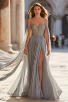 Load image into Gallery viewer, Sparkly Light Grey Cold Shoulder Maxi Prom Dress with Slit