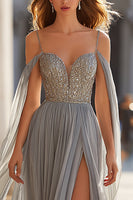 Load image into Gallery viewer, Sparkly Light Grey Cold Shoulder Maxi Prom Dress with Slit