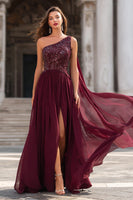 Load image into Gallery viewer, Sparkly Burgundy Maxi One Shoulder Prom Dress with Sequins