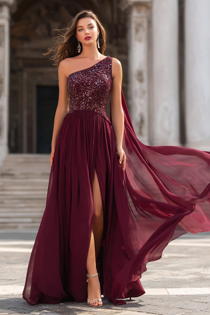 Load image into Gallery viewer, Sparkly Burgundy Maxi One Shoulder Prom Dress with Sequins