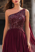 Load image into Gallery viewer, Sparkly Burgundy Maxi One Shoulder Prom Dress with Sequins