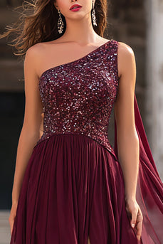 Sparkly Burgundy Maxi One Shoulder Prom Dress with Sequins