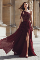 Load image into Gallery viewer, Sparkly Burgundy A Line One Shoulder Maxi Prom Dress