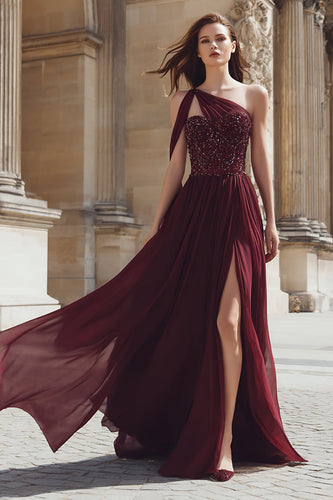 Sparkly Burgundy A Line One Shoulder Maxi Prom Dress
