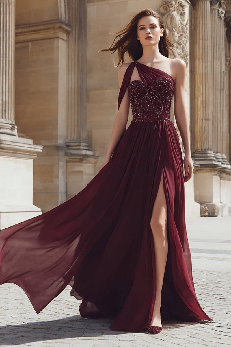 Load image into Gallery viewer, Sparkly Burgundy A Line One Shoulder Maxi Prom Dress