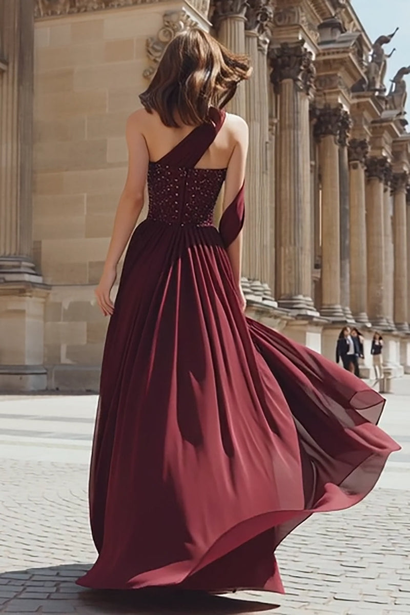 Load image into Gallery viewer, Sparkly Burgundy A Line One Shoulder Maxi Prom Dress