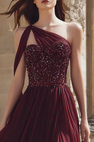 Load image into Gallery viewer, Sparkly Burgundy A Line One Shoulder Maxi Prom Dress