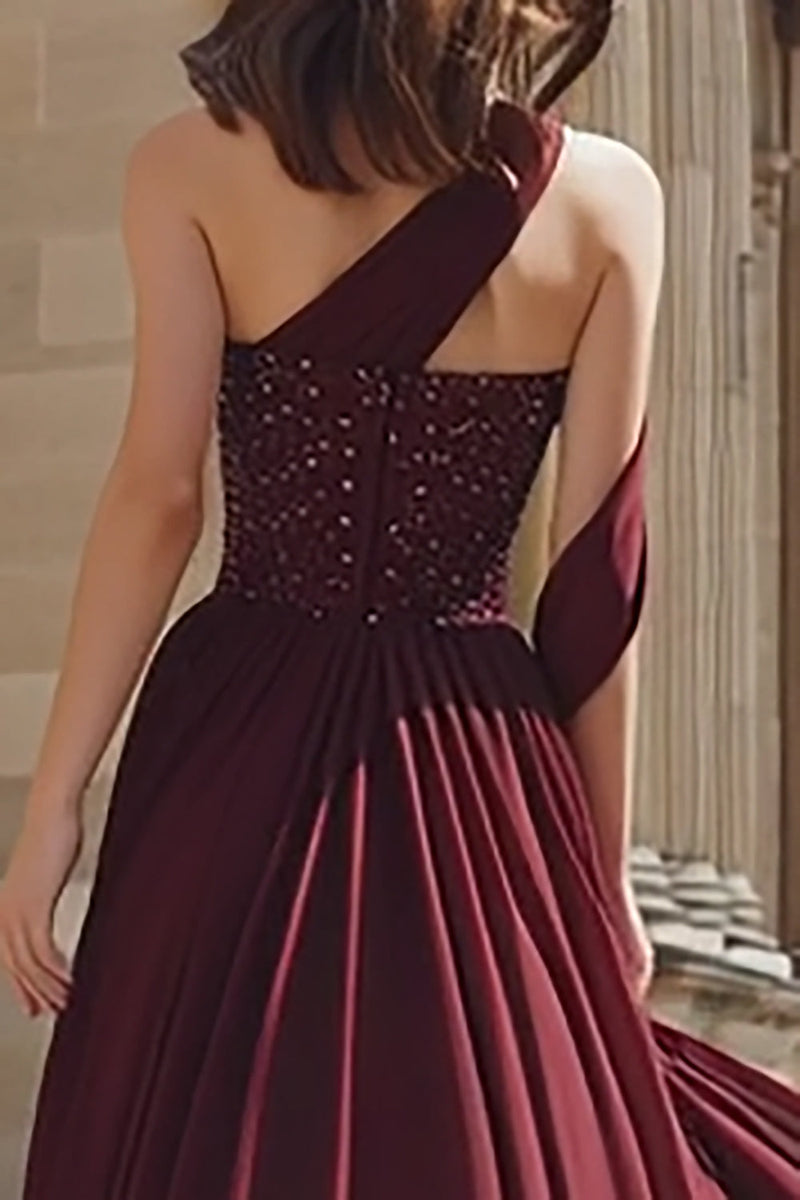 Load image into Gallery viewer, Sparkly Burgundy A Line One Shoulder Maxi Prom Dress