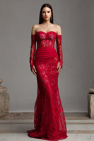 Load image into Gallery viewer, Red Mermaid Strapless Lace Long Corset Prom Dress with Sleeves