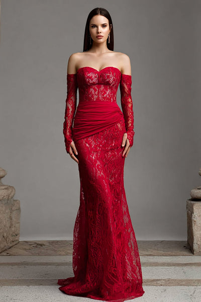 Red Mermaid Strapless Lace Long Corset Prom Dress with Sleeves