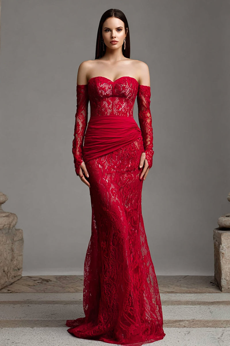 Load image into Gallery viewer, Red Mermaid Strapless Lace Long Corset Prom Dress with Sleeves