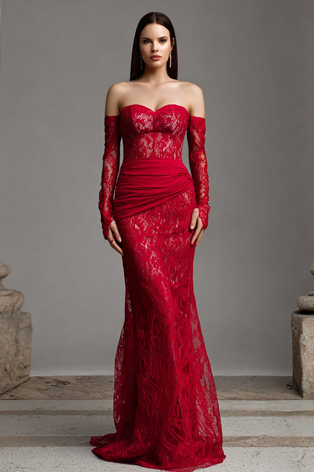 Red Mermaid Strapless Lace Long Corset Prom Dress with Sleeves