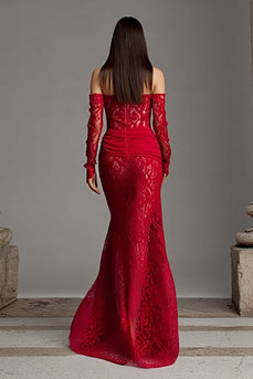 Red Mermaid Strapless Lace Long Corset Prom Dress with Sleeves
