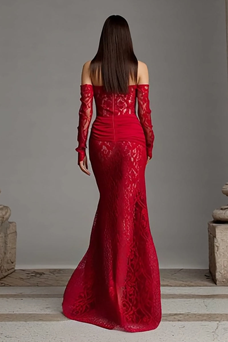 Load image into Gallery viewer, Red Mermaid Strapless Lace Long Corset Prom Dress with Sleeves