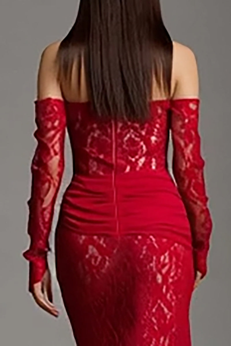 Load image into Gallery viewer, Red Mermaid Strapless Lace Long Corset Prom Dress with Sleeves