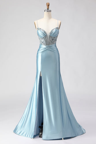 Sparkly Dusty Blue Beaded Satin Long Corset Prom Dress with Slit