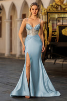 Load image into Gallery viewer, Sparkly Dusty Blue Beaded Satin Long Corset Prom Dress with Slit