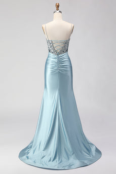 Sparkly Dusty Blue Beaded Satin Long Corset Prom Dress with Slit