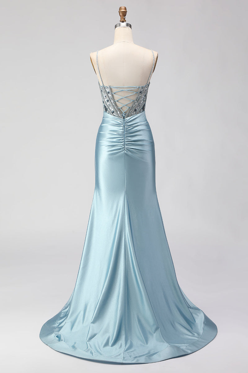 Load image into Gallery viewer, Sparkly Dusty Blue Beaded Satin Long Corset Prom Dress with Slit