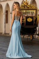 Load image into Gallery viewer, Sparkly Dusty Blue Beaded Satin Long Corset Prom Dress with Slit