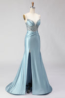 Load image into Gallery viewer, Sparkly Dusty Blue Beaded Satin Long Corset Prom Dress with Slit