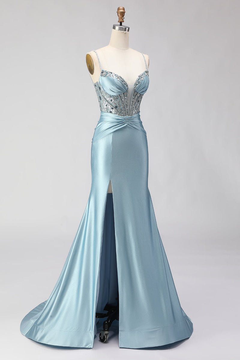 Load image into Gallery viewer, Sparkly Dusty Blue Beaded Satin Long Corset Prom Dress with Slit