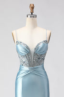 Load image into Gallery viewer, Sparkly Dusty Blue Beaded Satin Long Corset Prom Dress with Slit