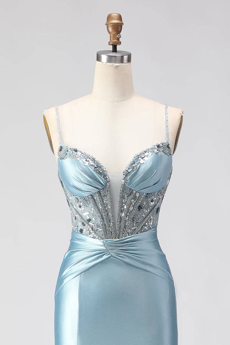 Load image into Gallery viewer, Sparkly Dusty Blue Beaded Satin Long Corset Prom Dress with Slit