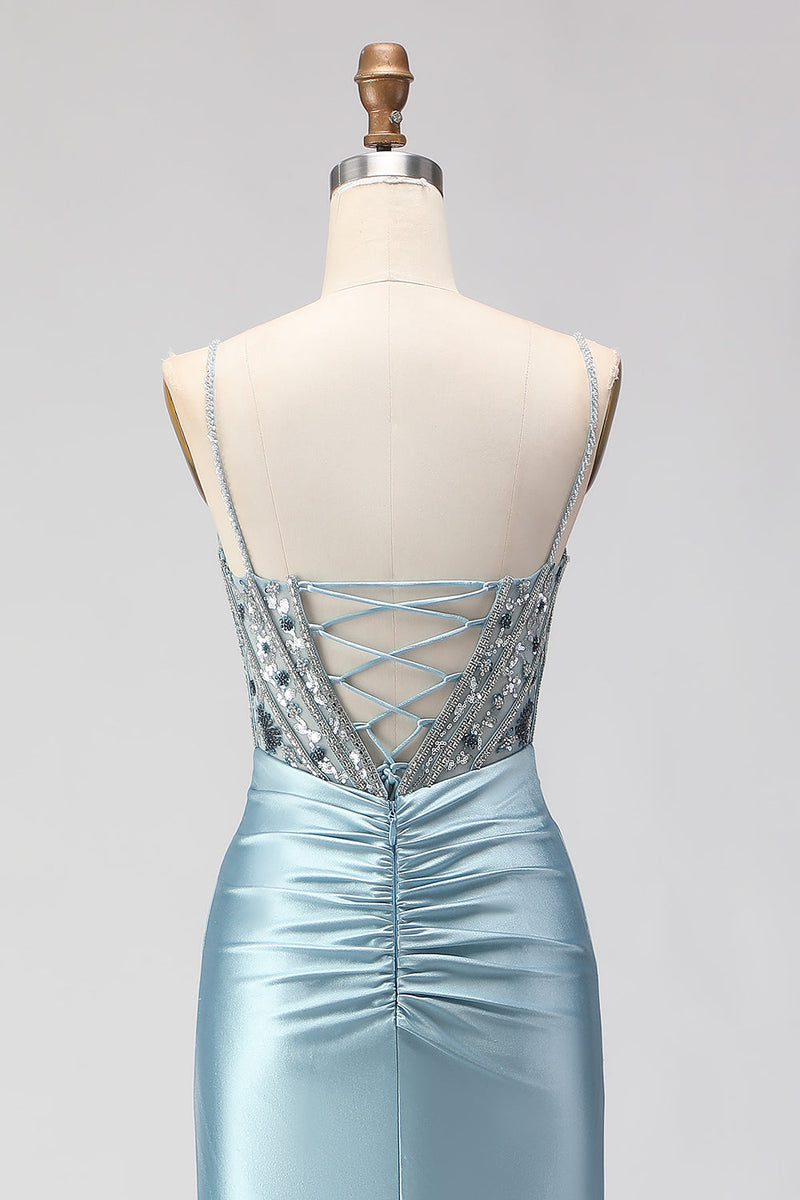 Load image into Gallery viewer, Sparkly Dusty Blue Beaded Satin Long Corset Prom Dress with Slit