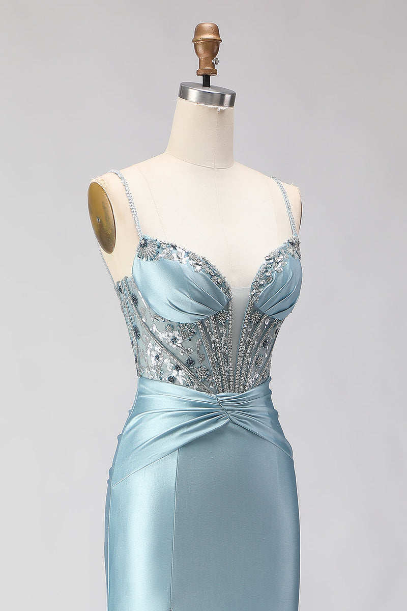Load image into Gallery viewer, Sparkly Dusty Blue Beaded Satin Long Corset Prom Dress with Slit