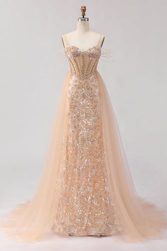 Sparkly Floral Champagne Beaded Tulle Long Corset Prom Dress