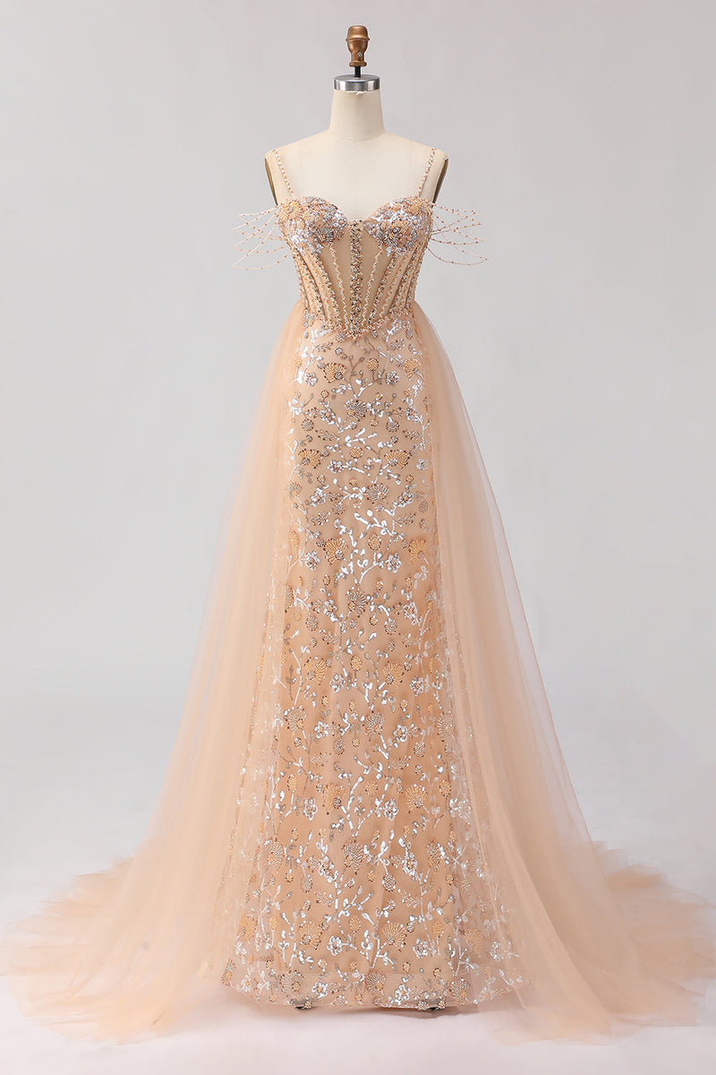 Load image into Gallery viewer, Sparkly Floral Champagne Beaded Tulle Long Corset Prom Dress