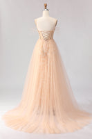 Load image into Gallery viewer, Sparkly Floral Champagne Beaded Tulle Long Corset Prom Dress