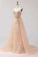 Load image into Gallery viewer, Sparkly Floral Champagne Beaded Tulle Long Corset Prom Dress