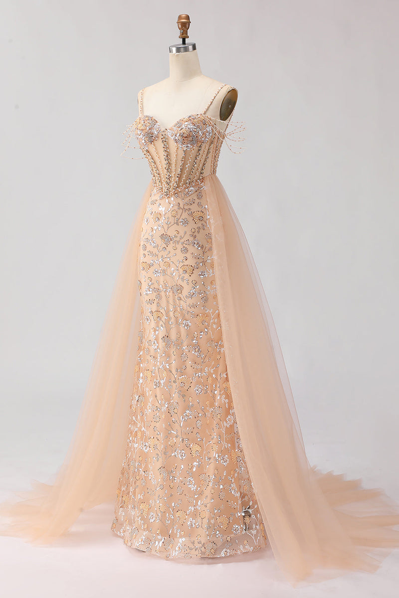 Load image into Gallery viewer, Sparkly Floral Champagne Beaded Tulle Long Corset Prom Dress