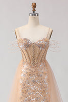 Load image into Gallery viewer, Sparkly Floral Champagne Beaded Tulle Long Corset Prom Dress